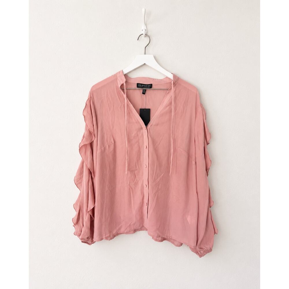 NWT Eloquii Blush Pink Ruffle Sleeve Button Front Blouse Size 14